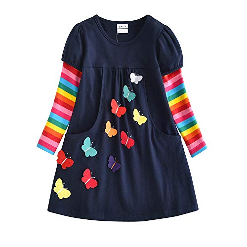 VIKITA Mädchen Kleider Streifen Langarm Baumwolle Herbst Winter T-Shirt Kleid, Mehrfarbig LH5805, 7-8 Jahre (128cm) von VIKITA