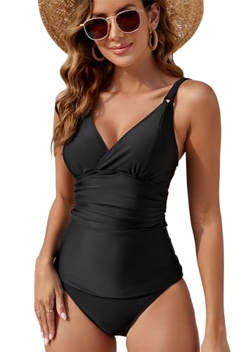 VILOREE Damen Tankini Set Push Up Bauchweg mit Slip Neckholder Bademode Zweiteilig Figuroptimizer Schwarz (108) 3XL von VILOREE