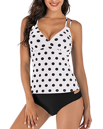 VILOREE Damen Tankini Set Push Up Bauchweg mit Slip Neckholder Bademode Zweiteilig Figuroptimizer Weiss & schwarz Polka dots L von VILOREE