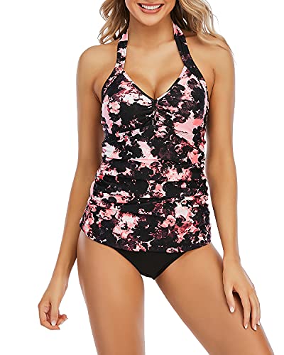 VILOREE Mode Damen Tankini Set Zweiteilige Bademode Badeanzug Nechholder Bauchweg Rosa & Schwarz L von VILOREE