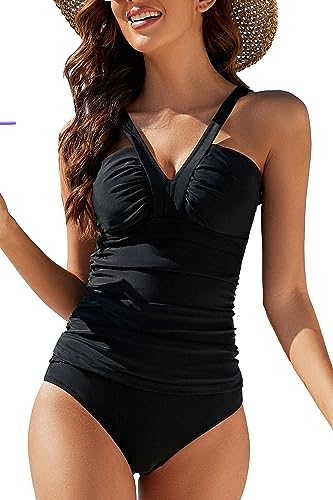 VILOREE Mode Damen Tankini Set Zweiteilige Bademode Badeanzug Nechholder Bauchweg Schwarz (N102) M von VILOREE