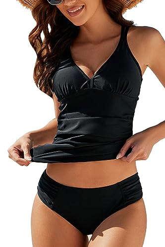 VILOREE Mode Damen Tankini Set Zweiteilige Bademode Badeanzug Nechholder Bauchweg Schwarz (N103) L von VILOREE