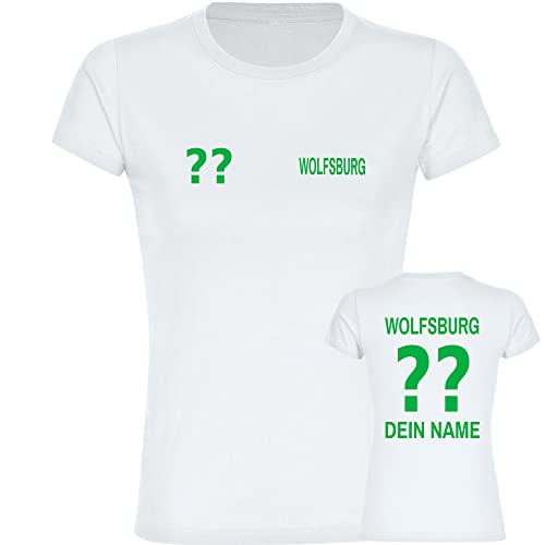 VIMAVERTRIEB® Damen T-Shirt Wolfsburg - Trikot mit Deinem Namen und Nummer - Druck: grün - Frauen Shirt Fußball Fanartikel - Größe: M weiß von VIMAVERTRIEB