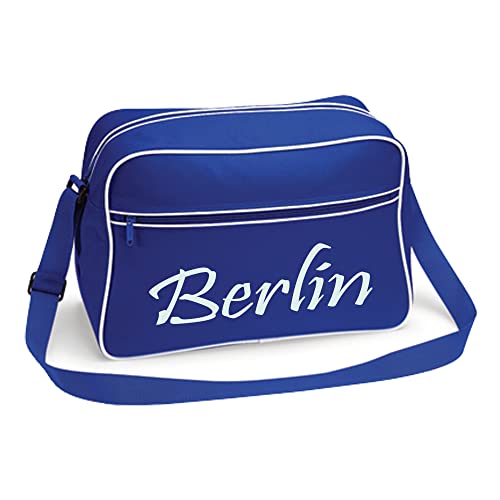 VIMAVERTRIEB® Retrotasche breit Berlin - Schriftzug - Druck: weiß - Tasche Umhängetasche Fußball Fanartikel Fanshop - blau/weiß von VIMAVERTRIEB