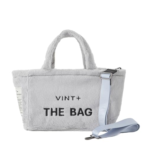 VINT+ Fluffy Bag Damen Handtasche – Teddy Shopper Tasche mit Reißverschluss und wählbarem Tragegurt – Flauschige Felltasche ideal für Arbeit, Uni oder Reise | Innenfutter Wasserabweisend | Grau von VINT