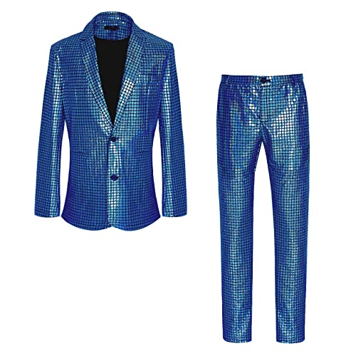 VIRACIN 2 Stück Herren Disco Sets Metallic Pailletten Anzüge 70er Jahre Disco Kostüm inklusive glänzender Jacke und Hose Metallic Pailletten Slim Anzug Zweiteiliges Set Abschlussball Outfit von VIRACIN