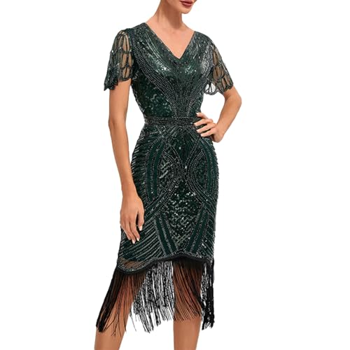 VIRACIN Flapper Kleid 20er Jahre, Cocktail Runder Ausschnitt Vintage 1920s Kleid Große Größe Elegant Pailletten Charleston Kleid Faschingskostüme Flapper Quasten Saum Fransenkleid Gatsby Abendkleid von VIRACIN