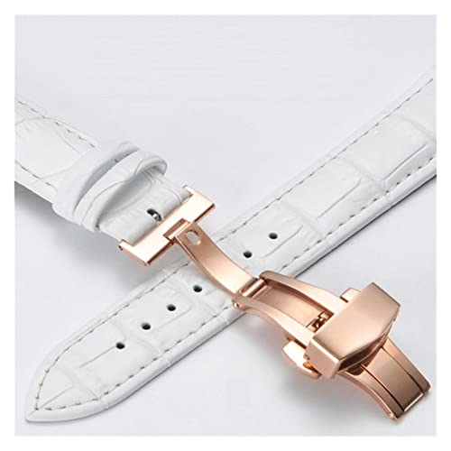 VISIYUBL Lederarmbands 12 14 16 18 20mm Universal Uhr Stahlschmetterlingsschließe Schnalle Strap Armband Armband Armbanduhrarmband (Color : Rose-White, Size : 15mm) von VISIYUBL