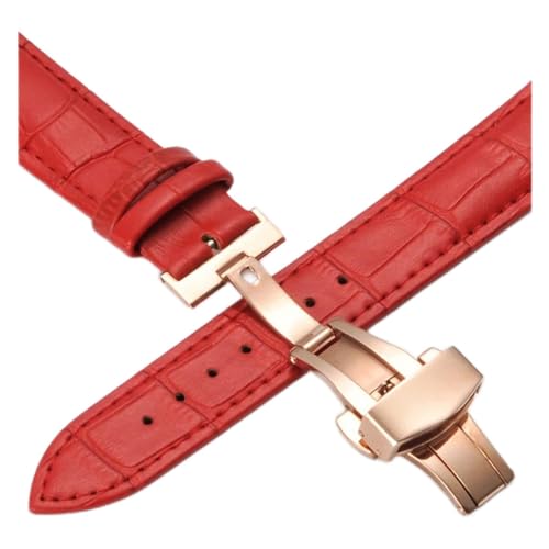 VISIYUBL Lederarmbands 12 14 16 18 20mm Universal Uhr Stahlschmetterlingsschließe Schnalle Strap Armband Armband Armbanduhrarmband (Color : Rose-red, Size : 19mm) von VISIYUBL