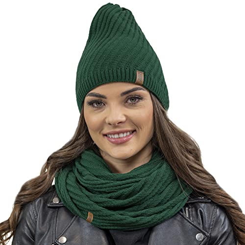 VIVISENCE Damen Beanie Wintermütze Und Loop Schal Set Warm Kopfbedeckung Und Halsbedeckung Für Herbst Und Winter Warm Dick, Winterset Für Frauen, Hergestellt In Der EU, Grün von VIVISENCE