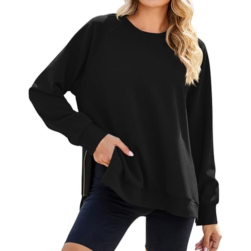 VJGOAL Black Friday Deal Kapuzenjacke Damen Beige Rundhals-Sweatshirt für Damen lockere Passform übergroßer Pullover seitlicher Schlitz Reißverschluss 2023 Herbstmode Cyber Monday von VJGOAL