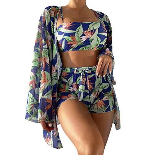 VJGOAL Limited Time Deals 3 Stück Bikini Set mit Strandkleid Damen Tropische Sexy Badeanzüge Strandkleid Pareos Sommer Strand Cardigan Bikini Cover Up Badeanzug Raffungen String Schwimmanzug Tankini von VJGOAL