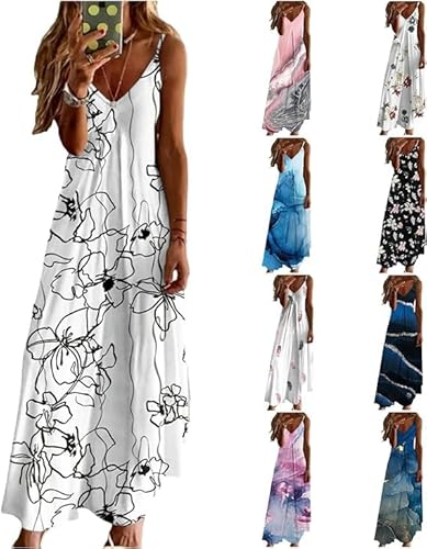 Damen Sommerkleid Lang Maxikleid Sexy Trägerkleid Elegant Freizeitkleider Knielang Kleid Boho Strandkleid Lässig Spaghettiträger Blumen Kleid Minikleid V-Ausschnitt Ärmellos Freizeitkleid Partykleid von VNBUY