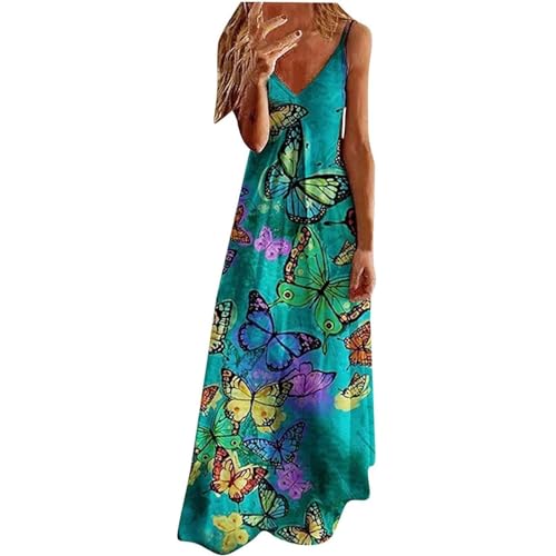 Damen Sommerkleid Lang Maxikleid Sexy Trägerkleid Elegant Freizeitkleider Knielang Kleid Boho Strandkleid Lässig Spaghettiträger Blumen Kleid Minikleid V-Ausschnitt Ärmellos Freizeitkleid Partykleid von VNBUY