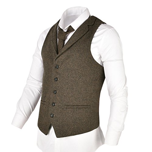 VOBOOM Herren Herringbone Tailored Kragen Weste Verteidiger Wolle Tweed Anzug Weste XX-Large Khaki von VOBOOM