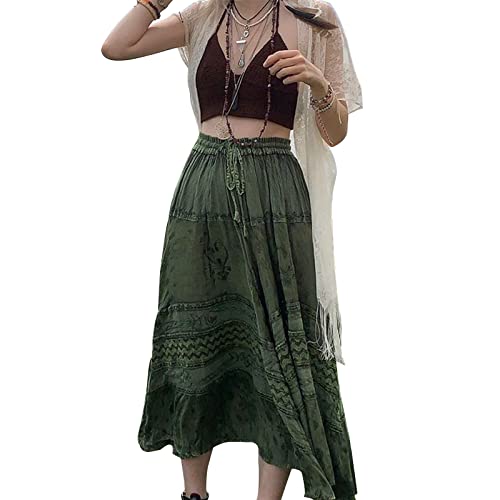 Damen Elastische Hohe Taille Fairy Grunge Rock Vintage Boho Fairycore A-Linie Midi Rock 90s E-Girls Streetwear (Grün, Medium) von VOCAOGM