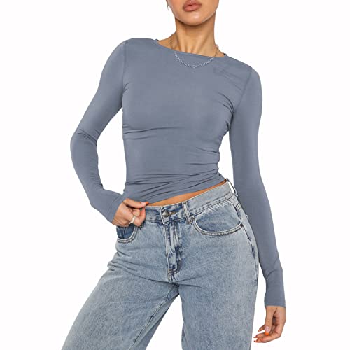 Damen Rundhals Langarm T-Shirt Y2K Sexy Crop Top Bluse Oberteile Slim Fit Basic Casual Longshirt Tops (Blue 050B, Small) von VOCAOGM