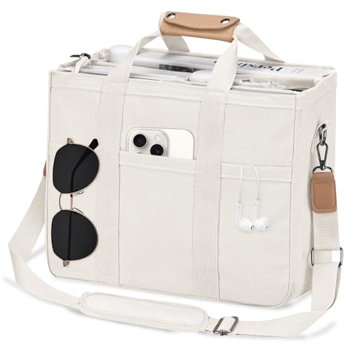 VOFANK Canvas-Tragetasche mit Reißverschluss, mehrere Taschen, Laptop-Crossbody-Tragetasche für Damen, große Schultertasche mit Fächern, Beige, Large von VOFANK