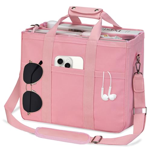 VOFANK Canvas-Tragetasche mit Reißverschluss, mehrere Taschen, Laptop-Crossbody-Tragetasche für Damen, große Schultertasche mit Fächern, Pink, Large von VOFANK