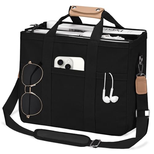 VOFANK Canvas-Tragetasche mit Reißverschluss, mehrere Taschen, Laptop-Crossbody-Tragetasche für Damen, große Schultertasche mit Fächern, Schwarz, Large von VOFANK