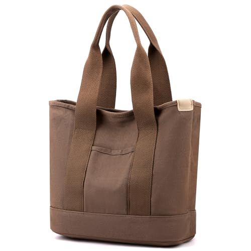 VOFANK Handtasche Damen Mittelgroß Canvas Tote Bag mit Fächern, Canvas Shopper Tasche Schultertasche Damen für Einkaufen Arbeit Büro Reisen, Braun von VOFANK