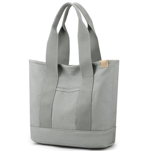 VOFANK Handtasche Damen Mittelgroß Canvas Tote Bag mit Fächern, Canvas Shopper Tasche Schultertasche Damen für Einkaufen Bücher Arbeit Büro Reisen, Grau von VOFANK