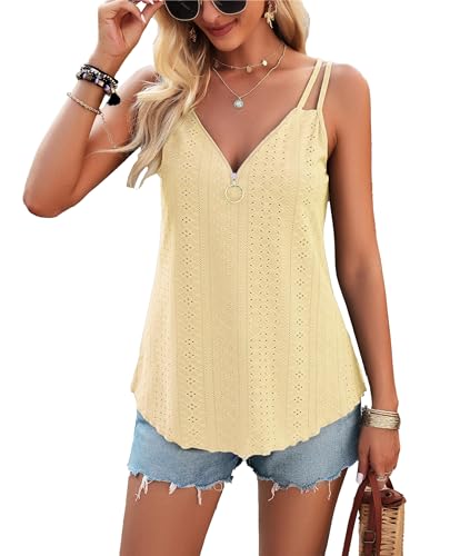 Tank Top Damen Sommer Sexy Spaghetti Oberteile Halbem Reißverschluss V-Ausschnitt T-Shirt ärmellose Bluse Aprikose M von VOGMATE