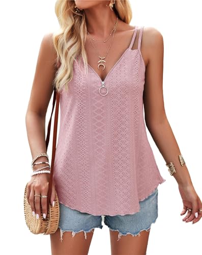 Tank Top Damen Sommer Sexy Spaghetti Oberteile Halbem Reißverschluss V-Ausschnitt T-Shirt ärmellose Bluse Rosa M von VOGMATE