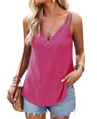 Tank Top Damen Sommer Sexy Spaghetti Oberteile Halbem Reißverschluss V-Ausschnitt T-Shirt ärmellose Bluse Rose M von VOGMATE