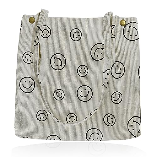 VOGVOR Cord-Tragetasche, Smiley-Tragetaschen für Damen, süße Tragetasche für die Schule, große Tragetasche, Handtasche, Schultertaschen für Damen, Teenager, Mädchen, Büro (grau) von VOGVOR