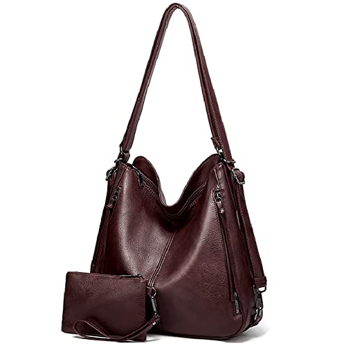 VOKUVIKU Handtaschen Geldbörse Set Damen und Rucksack in Einem Leder Shopper Frau Elegant Henkeltasche Schulterriemen Shopper, 015 Rot von VOKUVIKU