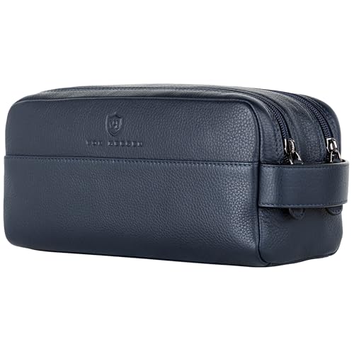 VON HEESEN Kulturbeutel Leder Kulturtasche für Herren & Damen - Echtleder Necessaire ideal zum Reisen - Waschtasche und Kosmetiktasche mit Zwei Hauptfächern blau, groß von VON HEESEN