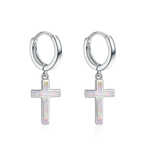 Damen Herren Sterling Silber schwarz Creolen Silber Kreuz Ohrringe und Sterne Creolen für Frauen Mädchen Männer Junge Frauen Teenager Mädchen Kind (Opal Kreuz Creolen) von VONALA