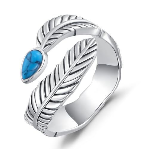 Türkis Feder Ring Sterling Silber oxidiert Verstellbarer Ring Blatt Offen Schmuck Geschenk für Teenager Mädchen von VONALA