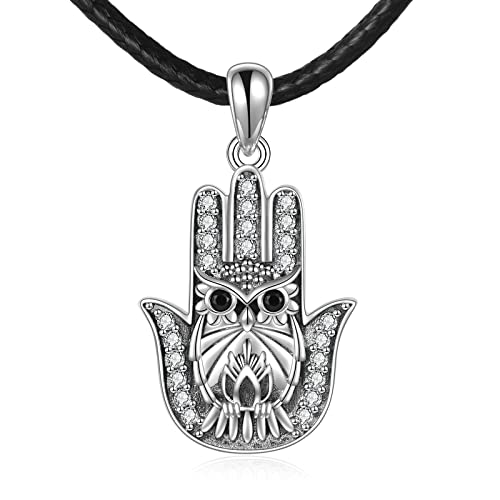 VONALA Eulen Halskette 925 Sterling Silber Fatimas Hamsa Hand Eulen Anhänger Halskette Eule Kette Schmuck für Frauen Damen Mädchen von VONALA