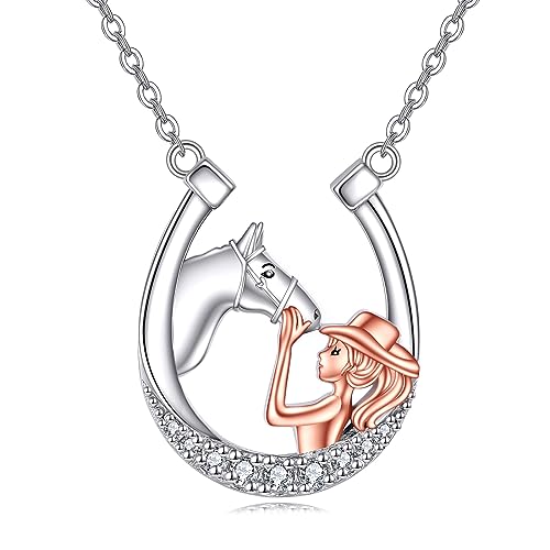 VONALA Mädchen und Pferd Anhänger Halskette 925 Sterling Silber Hufeisen Schmuck Geschenke für Mädchen von VONALA