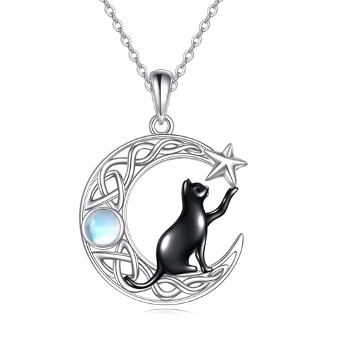 VONALA Katze Halskette 925 Sterling Silber Schwarze Katzen Anhänger Kette Keltischem Knoten Mondstein Schmuck Geburtstag Geschenke für Damen Frauen Mädchen von VONALA