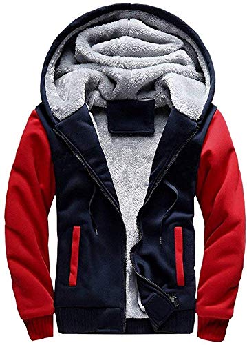 VSUSN Herren Kapuzenpullover mit Reißverschluss, Langarm Kapuzenjacke, Winter Warm Fleece-Innenseite Sweatshirt, Plus Dicke Fleecejacke, Sweatjacke Mit Kapuze(Blau&Rot, M) von VSUSN