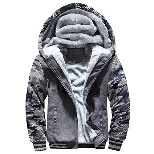 VSUSN Herren Kapuzenpullover mit Reißverschluss, Langarm Kapuzenjacke, Winter Warm Fleece-Innenseite Sweatshirt, Plus Dicke Fleecejacke, Sweatjacke Mit Kapuze(Camouflage&Grau, 2XL) von VSUSN