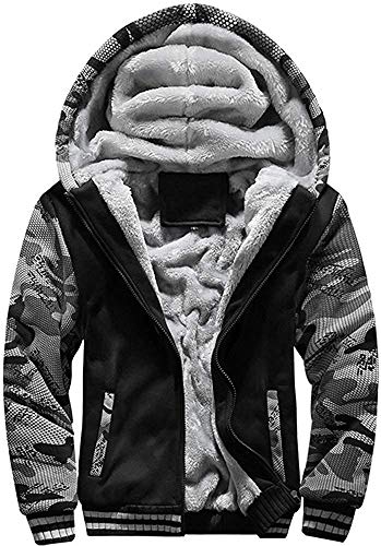 VSUSN Herren Kapuzenpullover mit Reißverschluss, Langarm Kapuzenjacke, Winter Warm Fleece-Innenseite Sweatshirt, Plus Dicke Fleecejacke, Sweatjacke Mit Kapuze(Camouflage&schwarz, L) von VSUSN