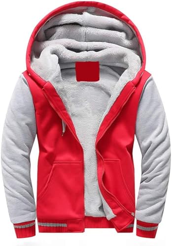 VSUSN Herren Kapuzenpullover mit Reißverschluss, Langarm Kapuzenjacke, Winter Warm Fleece-Innenseite Sweatshirt, Plus Dicke Fleecejacke, Sweatjacke Mit Kapuze(Rot, S) von VSUSN