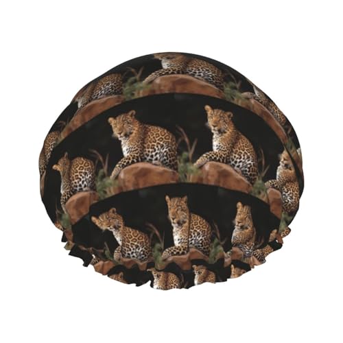 Duschhaube, afrikanischer Leopard auf Felsdruck, elastisch, wiederverwendbar, wasserdicht, doppellagig, Haarkappe für Damen und Herren von VTCTOASY