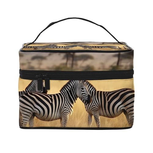 VTCTOASY Afrika Grassland Zebramuster Make-up-Tasche für Damen, tragbare Kulturbeutel, große Kapazität, Reise-Kosmetiktasche für Outdoor-Reisen, Schwarz, Einheitsgröße, Schwarz , Einheitsgröße von VTCTOASY