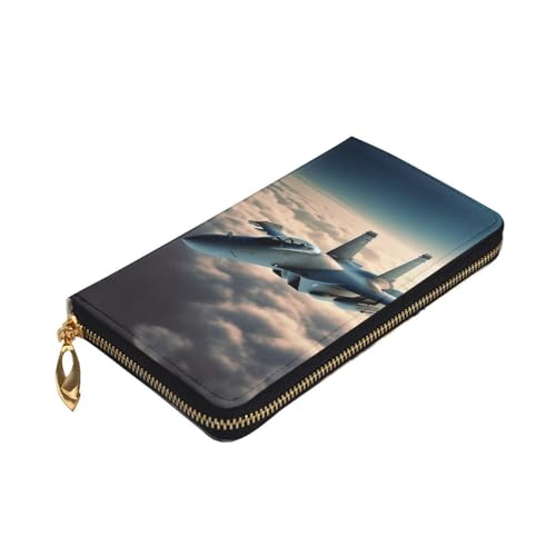 VTCTOASY Aircraft Fighter Jets Print Damen Geldbörse Leder Reißverschluss Münzbörse Groß Kartenetui Brieftasche für Urlaub Geschenk, Schwarz, One Size, Schwarz , Einheitsgröße von VTCTOASY