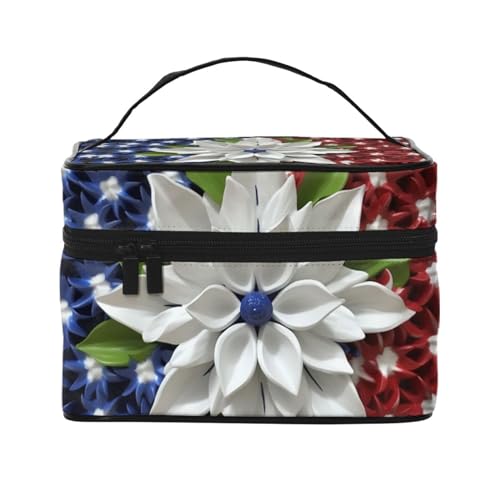 VTCTOASY Amerika Patriotischer Blumendruck-Make-up-Tasche für Damen, tragbare Kulturbeutel, große Kapazität, Reise-Kosmetiktasche für Outdoor-Reisen, Schwarz, Einheitsgröße, Schwarz , Einheitsgröße von VTCTOASY