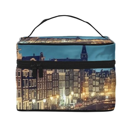 VTCTOASY Amsterdam Nachtansicht Druck Make-up Tasche für Frauen Tragbare Kulturtasche Große Kapazität Reise Kosmetiktasche für Outdoor Reisen Schwarz Einheitsgröße, Schwarz , Einheitsgröße von VTCTOASY