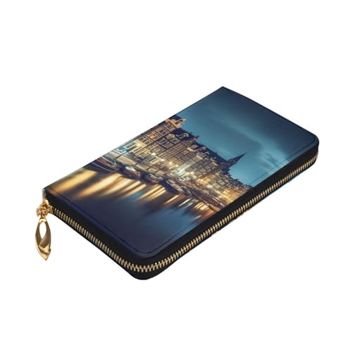 VTCTOASY Amsterdam Night View Print Damen Geldbörse Leder Reißverschluss Münzbörse Groß Kartenetui Brieftasche für Urlaub Geschenk, Schwarz, One Size, Schwarz , Einheitsgröße von VTCTOASY