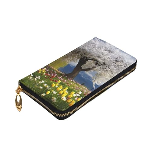 VTCTOASY Baum Blumen Natur Landschaft Druck Damen Geldbörse Leder Reißverschluss Münzbörse Groß Kartenetui Brieftasche für Urlaub Geschenk, Schwarz, One Size, Schwarz , Einheitsgröße von VTCTOASY