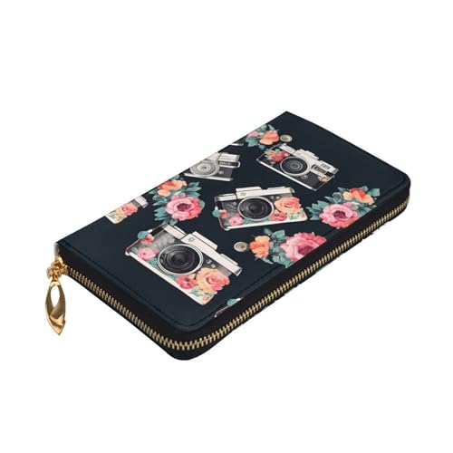 VTCTOASY Flower Camera Print Damen Geldbörse Leder Reißverschluss Münzbörse Groß Kartenetui Brieftasche für Urlaub Geschenk, Schwarz, One Size, Schwarz , Einheitsgröße von VTCTOASY