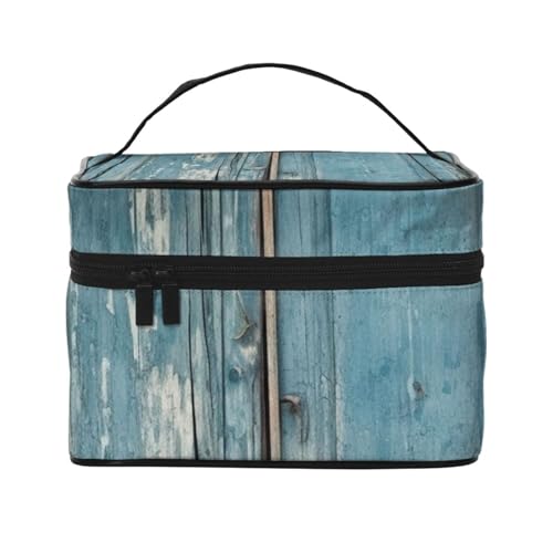 VTCTOASY Make-up-Tasche für Damen, Vintage-Stil, blauer Holzdruck, tragbare Kulturbeutel, große Kapazität, Reise-Kosmetiktasche für Outdoor-Reisen, Schwarz, Einheitsgröße, Schwarz , Einheitsgröße von VTCTOASY